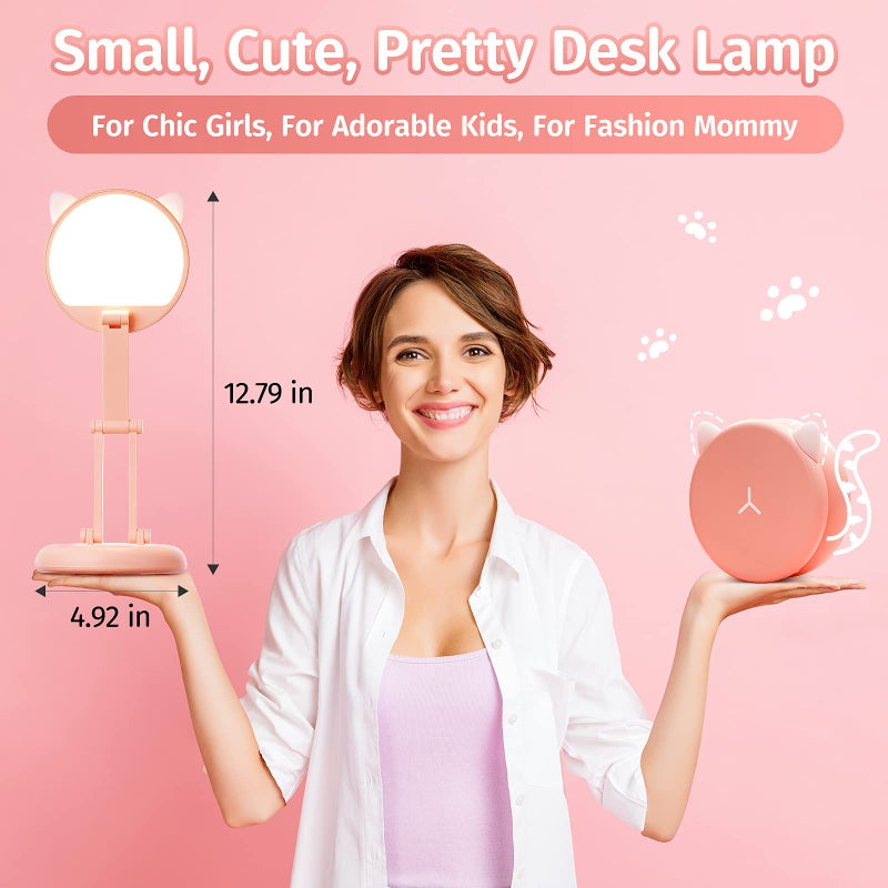 One Fire Cute Desk Lamp Pink Dorm Lamps for College Girls Foldable Portable Rechargeable Dimmable Cute Cat Lamp Kawaii Room Decor,College Dorm Decor for Girls Pink Classroom Essentials - Image 2